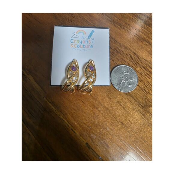 Vintage AVON 1980s Purple Stone Rhinestone Semi Hoop Goldtone Pierced Braided - Picture 2 of 2